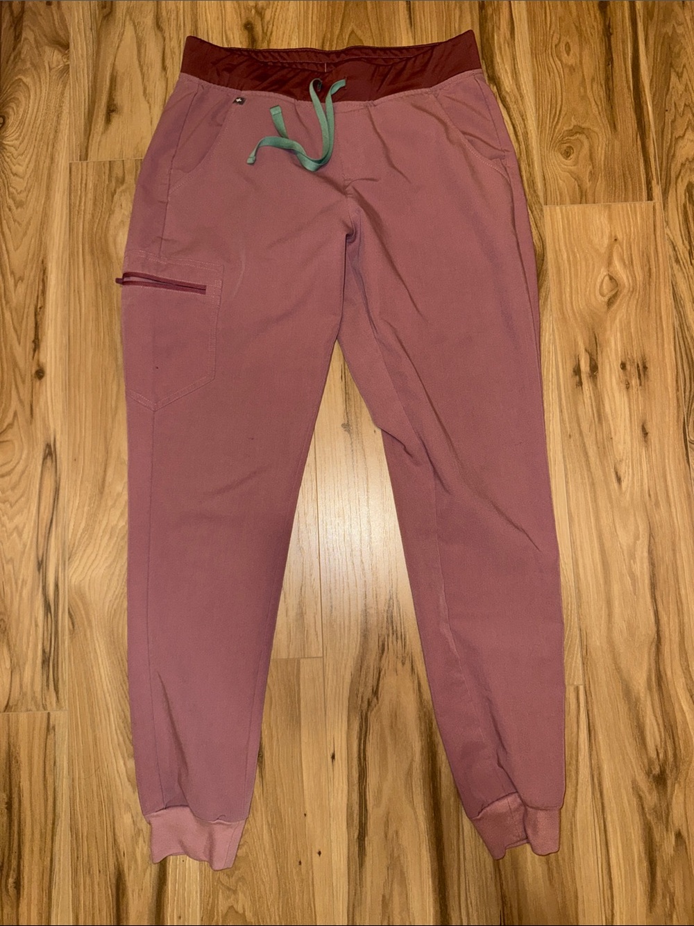Figs Women’s Pink Joggers with Maroon Waistband and Mint Drawstring